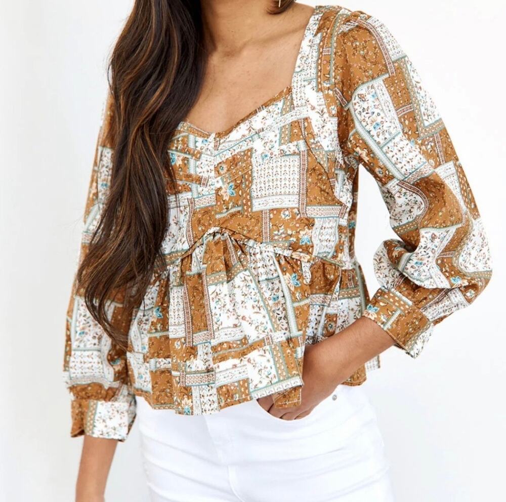 Fabrik NWT Women’s Willa Patchwork Peplum Long Sleeve Blouse in Ginger size M